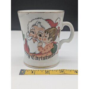 Vintage Lefton Christmas Coffee Mug Santa Child 437 White Porcelain Gold Trim
